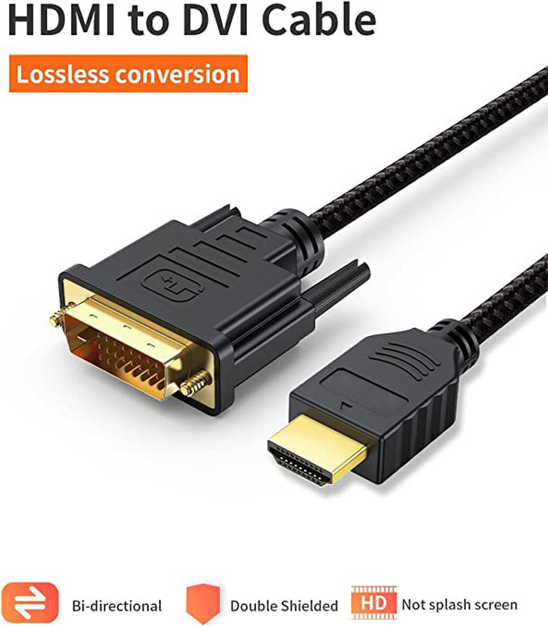 DVI to HDMI Cable 5Ft, Bi-Directional Nylon Braid HDMI to DVI Cable Support 1080P, 24+1 HDMI Male to DVI Male for Monitor, HDTV, Projector